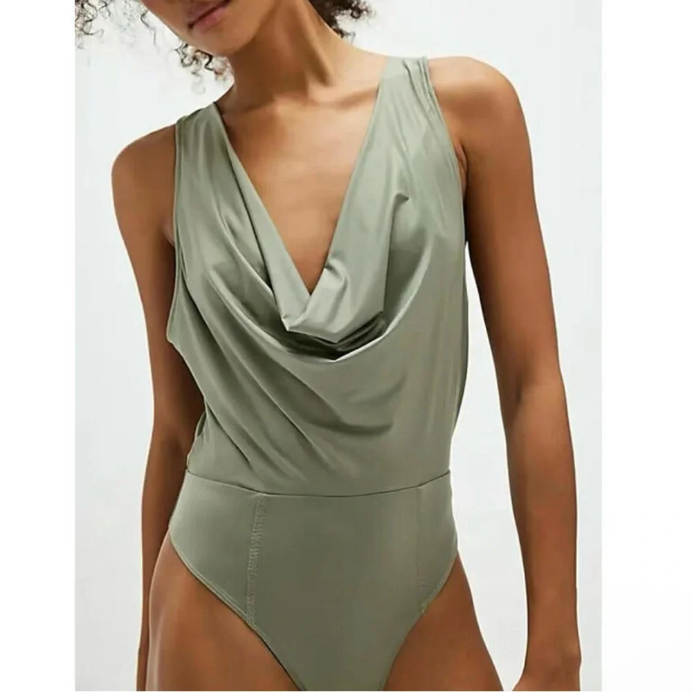 Free People When & Where Laurel Oak Bodysuit Olive Green Drapey Sleek Sleeveless - Picture 3 of 13